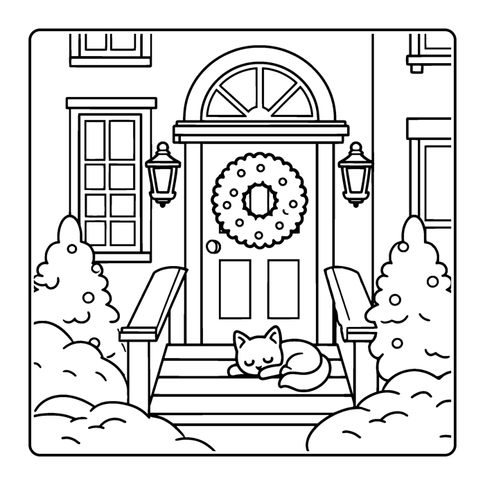 Coloring page: a brownstone stoop with a wreath on the door and a cat asleep on the steps