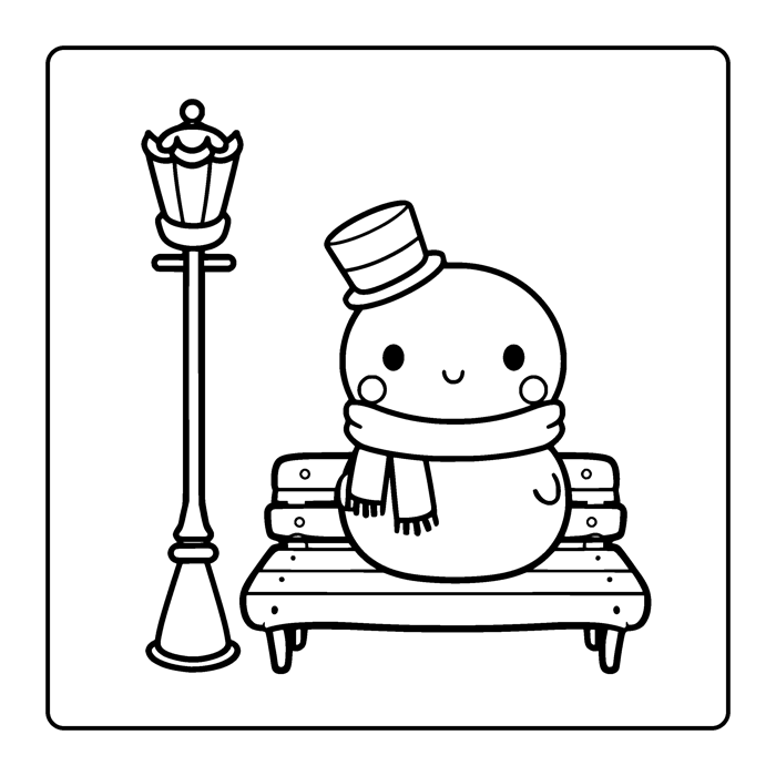 Coloring page: a snowman in a scarf and top hat beside a park bench and lamppost