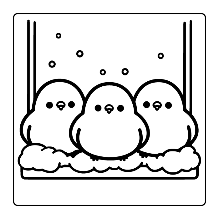 Coloring page: three round pigeons huddled on a snowy window ledge